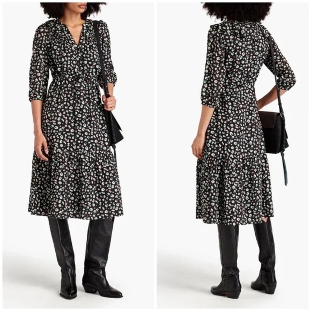 Ba&sh Bowie Printed Black & Green Floral Midi Dress